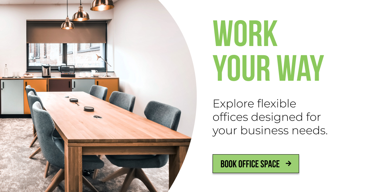 Blog call to action with an image of a meeting room and text that reads 'Work your way', 'Explore flexible offices designed for your business needs'. With a green button that says 'Book office space' with an arrow